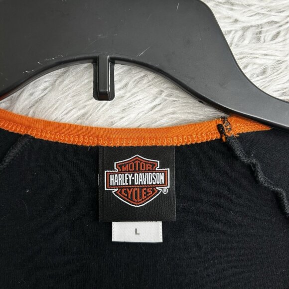 Harley Davidson Cap Sleeve V neck Shirt Black Orange Side Spell Out Logo Size L - Picture 6 of 8